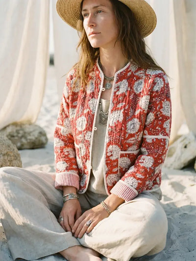 Quilted Jacket, Hand Block Printed Summer Jacket, Padded Red