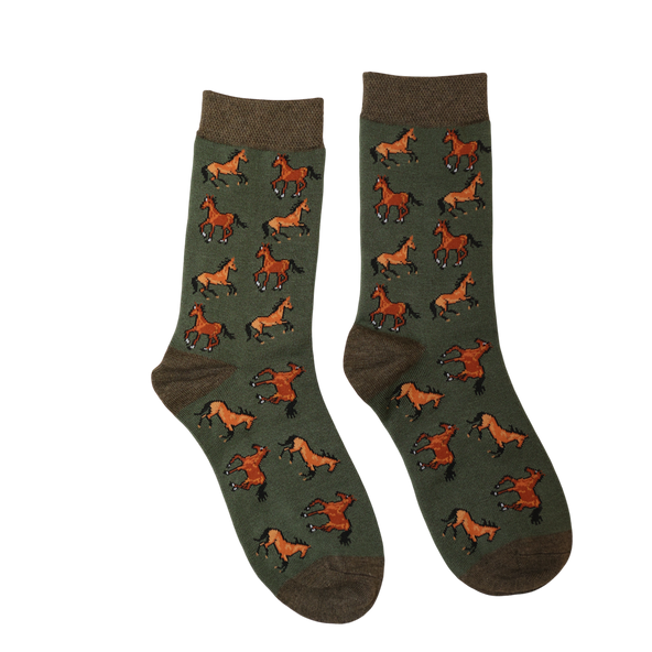 Green Happy Horses Print Bamboo Socks