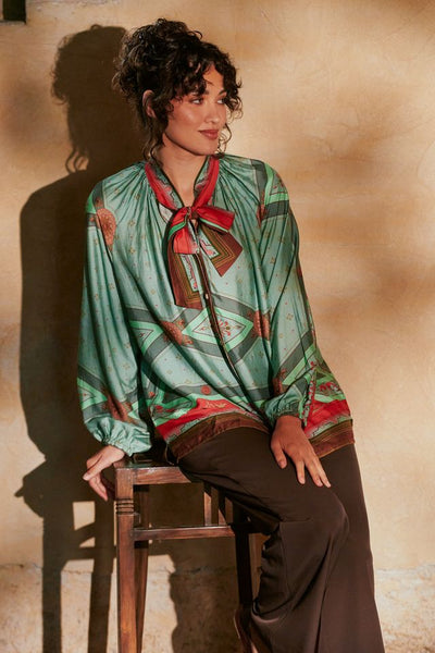 Fleur De Lys Aqua Pussybow Blouse S/M