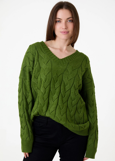 V-Neck Cable Jumper Leaf Green