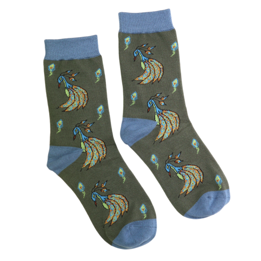Green Pretty Peacock Print Bamboo Socks