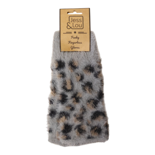 Grey Leopard Fluffy Knit Fingerless Gloves