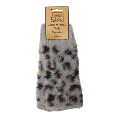 Grey Leopard Fluffy Knit Fingerless Gloves