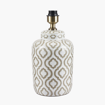 Celia Taupe and White Pattern Ceramic Table Lamp Base with Henry 30cm Taupe Handloom Cylinder Lampshade