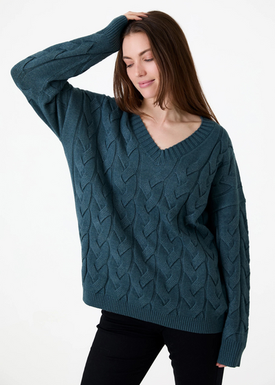 V-Neck Cable Jumper Sea Blue