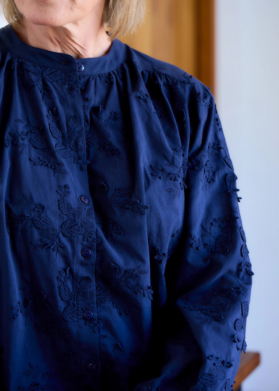 Floral Applique Button Through Blouse Navy