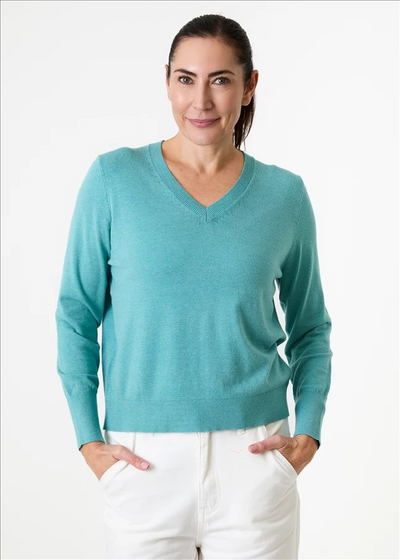 Cashmere Like Deep Cuff Fitted v Neck Jumper Sea Foam