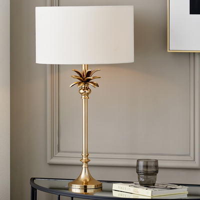 Gold Metal Palm Tree Table Lamp Base with Henry 35cm White Handloom Cylinder Lampshade