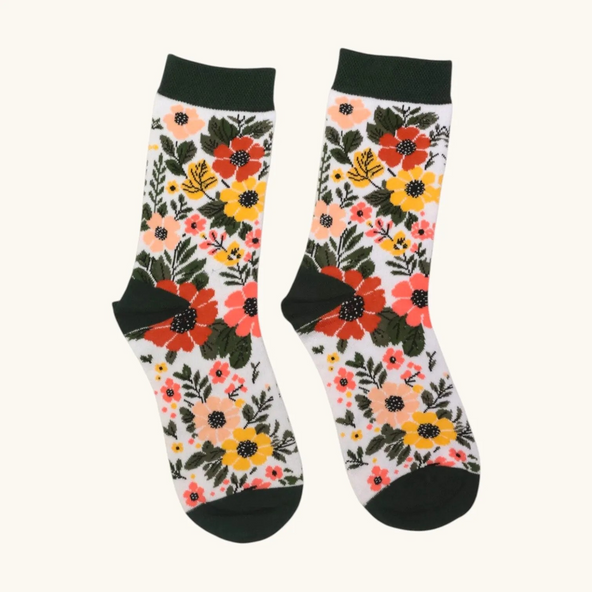 Green Whimsical Wildflower Print Bamboo Socks