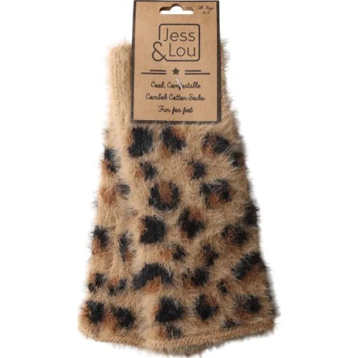 Tan Leopard Fluffy Knit Fingerless Gloves