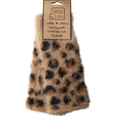 Tan Leopard Fluffy Knit Fingerless Gloves