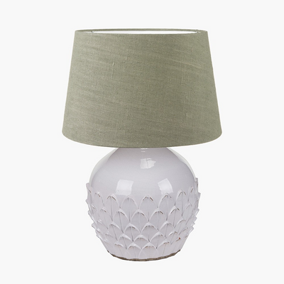 White Leaf Stoneware Table Lamp with Green Linen Tapered Lampshade