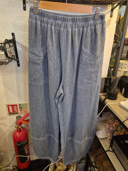 WASHED LINEN FRONT POCKET BARREL LEG TROUSER - NAVY