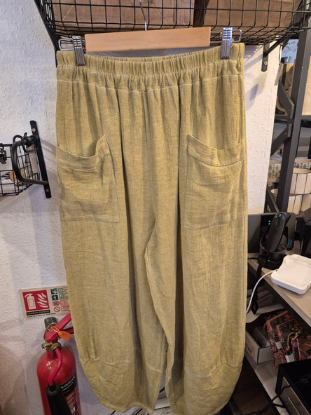 WASHED LINEN FRONT POCKET BARREL LEG TROUSER -  MUSTARD