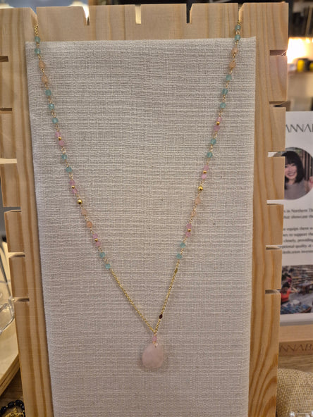 Rose Quartz & Cat's Eyes Handcrafted  Necklace Blue Pink