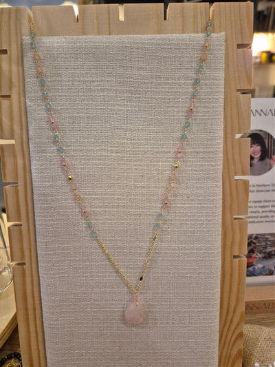 Rose Quartz & Cat's Eyes Handcrafted  Necklace Blue Pink