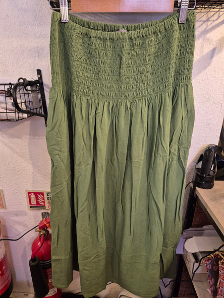 Linen mix shirred A Line maxi skirt Basil Green