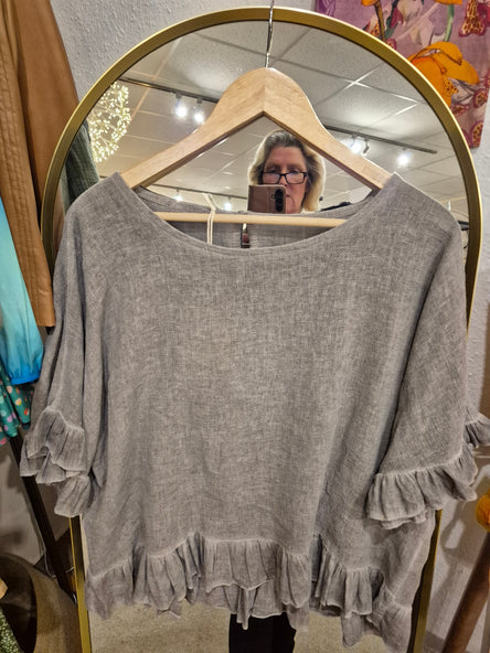 WASHED LINEN RUFFLE TOP - MOCHA