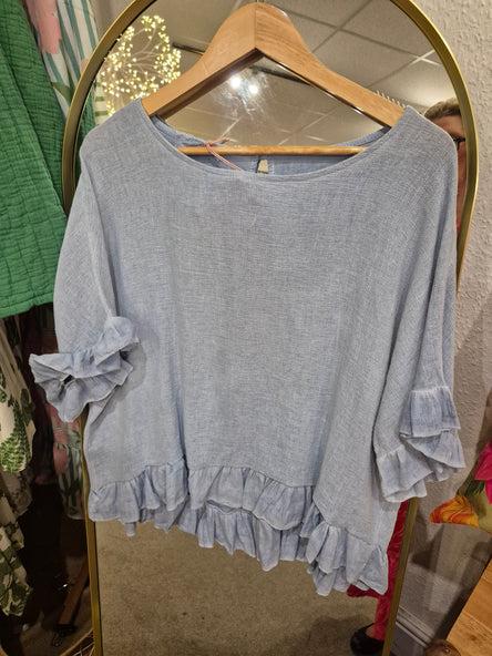 WASHED LINEN RUFFLE TOP - DENIM BLUE