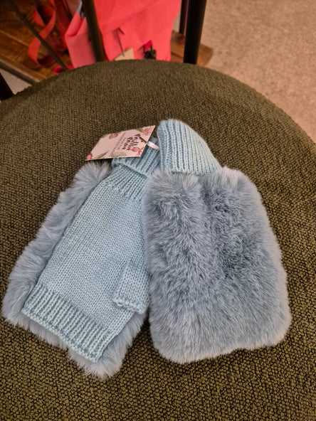 Faux Fur Fingerless Glove-Blue