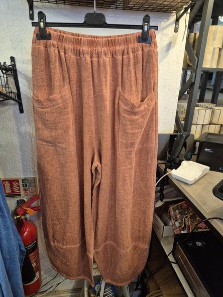 WASHED LINEN FRONT  POCKET  BARREL LEG TROUSER - RUST