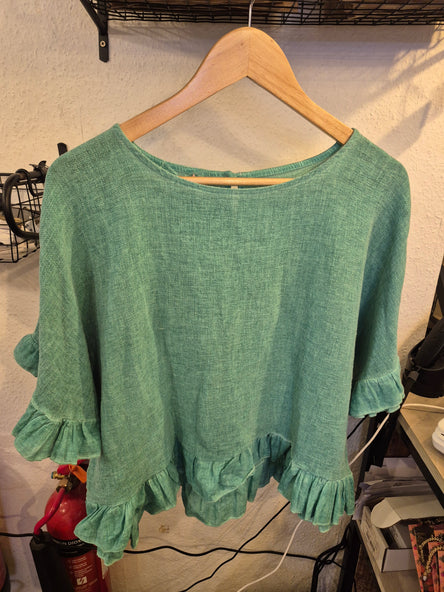 WASHED LINEN RUFFLE TOP - OCEAN GREEN