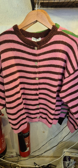 Striped Baby Alpaca Cardigan Pink/Burgundy