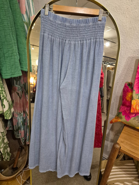WASHED LINEN ELASTICATED WAIST TROUSERS DENIM BLUE