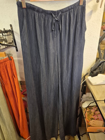 CRINKLE DRAWSTRING SIDE POCKET WIDE LEG TROUSERS NAVY