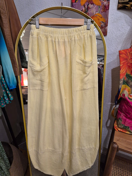 WASHED LINEN FRONT POCKET BARREL LEG TROUSER - LEMON
