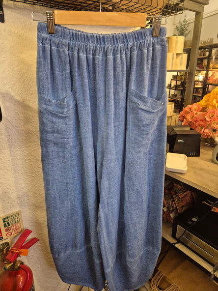 WASHED LINEN FRONT POCKET BARREL LEG TROUSER - CORNFLOWER