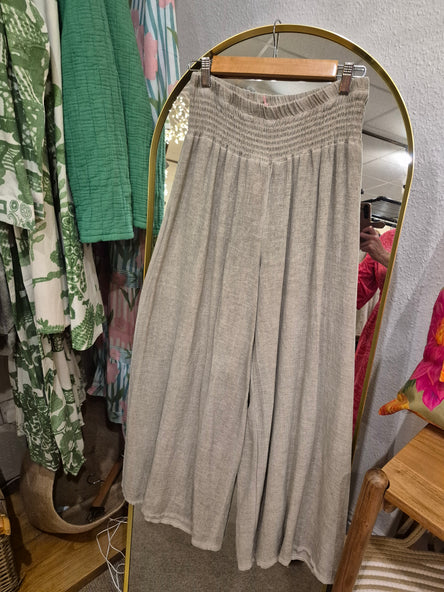 WASHED LINEN ELASTICATED WAIST TROUSERS  BROWN