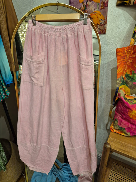 WASHED LINEN FRONT POCKET BARREL LEG TROUSER - CANDY PINK
