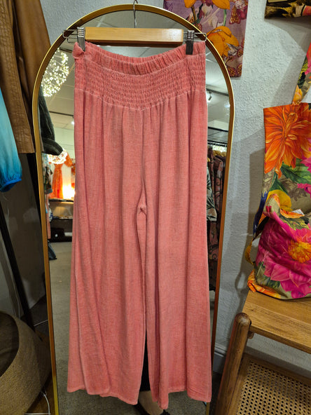 WASHED LINEN ELASTICATED WAIST TROUSERS  CORAL