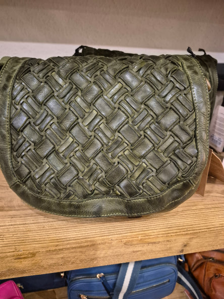 Woven Leather Saddle Flap Bag Green