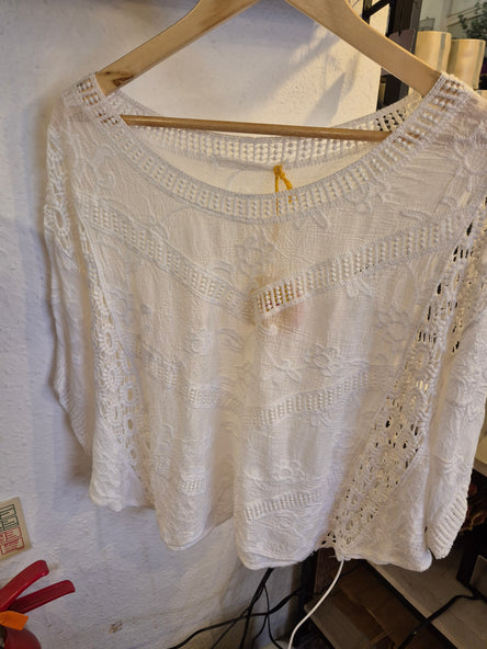 COTTON R-NECK EMBROIDERED TOP WHITE