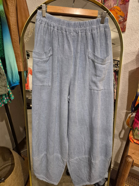 WASHED LINEN FRONT POCKET BARREL LEG TROUSER - DENIM BLUE