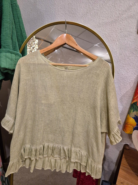 WASHED LINEN RUFFLE TOP - PISTACHIO