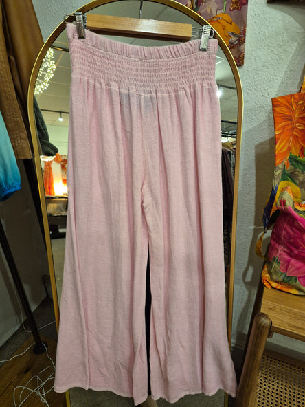 WASHED LINEN ELASTICATED WAIST TROUSERS  CANDY PINK