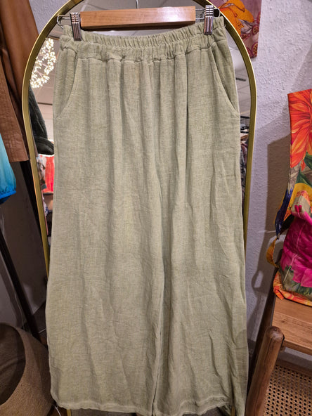 WASHED LINEN TWO POCKETS TROUSERS  PISTACHIO