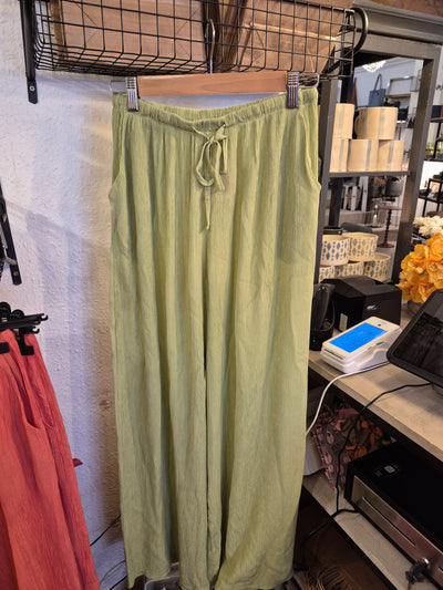 CRINKLE DRAWSTRING SIDE POCKET WIDE LEG TROUSERS- PISTACHIO