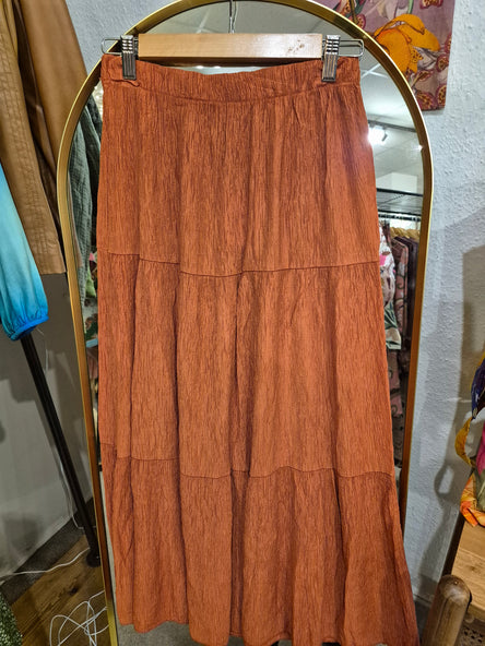 CRINKLE TIERED MAXI SKIRT - TERRACOTTA