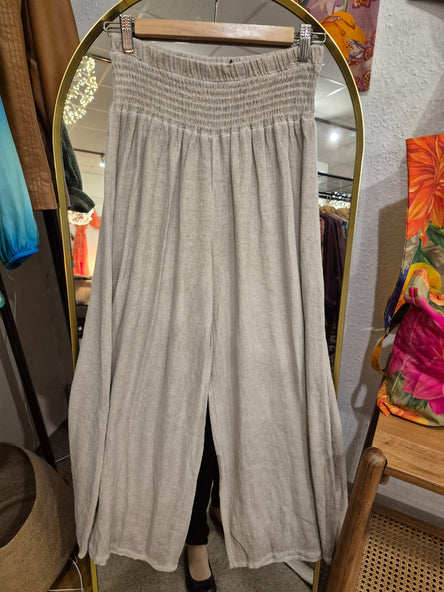 WASHED LINEN ELASTICATED WAIST TROUSERS  BEIGE