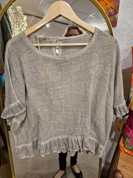 WASHED LINEN RUFFLE TOP - BROWN