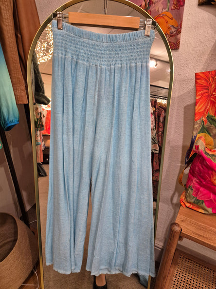 WASHED LINEN ELASTICATED WAIST TROUSERS  TURQUOISE