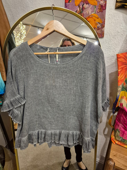 WASHED LINEN RUFFLE TOP - DARK GREY
