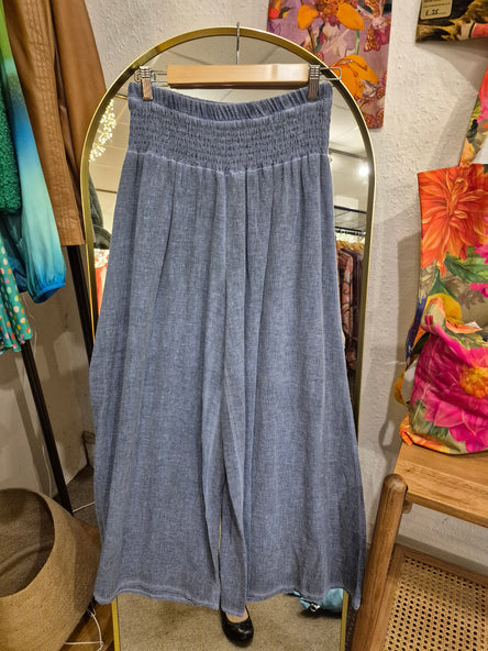 WASHED LINEN ELASTICATED WAIST TROUSERS  NAVY