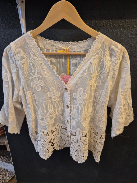 BUTTON THROUGH EMBROIDERED TOP WITH LACE BOTTOM BEIGE