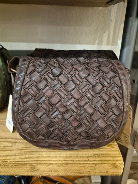 Woven Leather Saddle Flap Bag Brandy