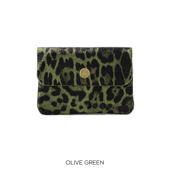 Small Leather Button Purse Animal Print Olive Green